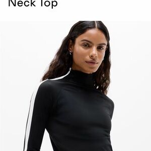 ATHLETA Black High Neck Long Sleeve Top with White Shoulder Stripe